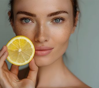 Frau mit Sommersprossen und ebenmäßiger Haut hält eine Zitronenscheibe an ihr Gesicht